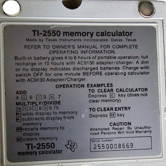 VINTAGE TEXAS INSTRUMENTS TI2550 Memory Calculator AND Adaptor - Picture 5 of 6